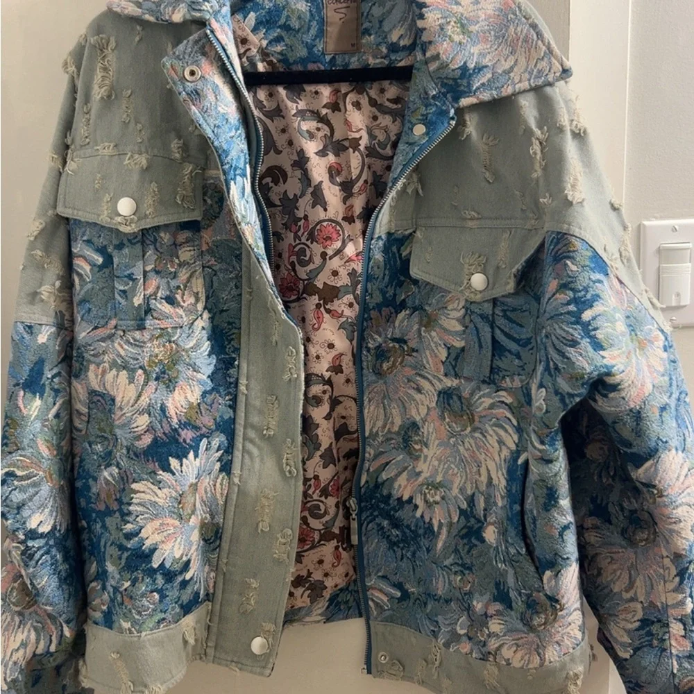 Floral Patchwork Jean Jacket in Blue and Green - Picture 2 of 3